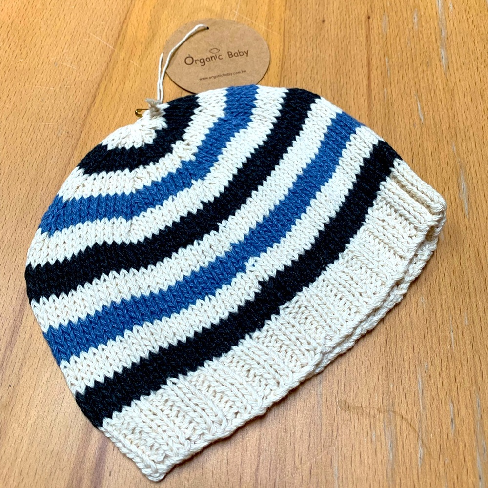 Organic Baby HK By Stella James cream blue navy stripe knit beanie size 3-5Y